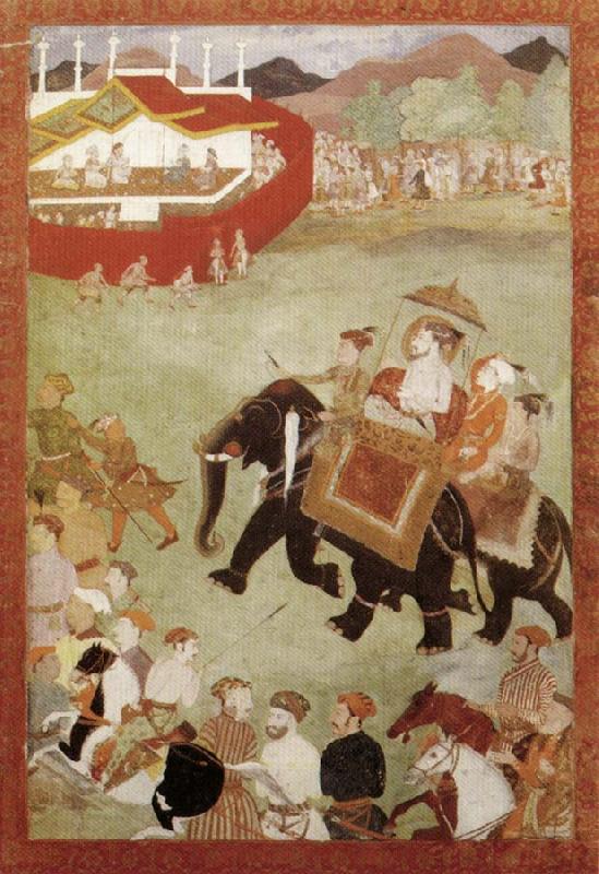 unknow artist Shah Jahan Riding on an Elephant Accompanied by His Son Dara Shukoh Mughal China oil painting art
